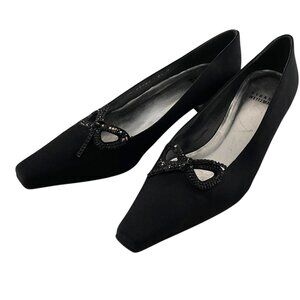 Vintage Stuart Weitzman Kitten Heels Size 6.5 Black Rhinestone Bows Shoes Pumps